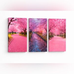 Serene Pink Cherry Blossom Tree Garden Landscape Canvas Art 3 pc Framed Wall Art